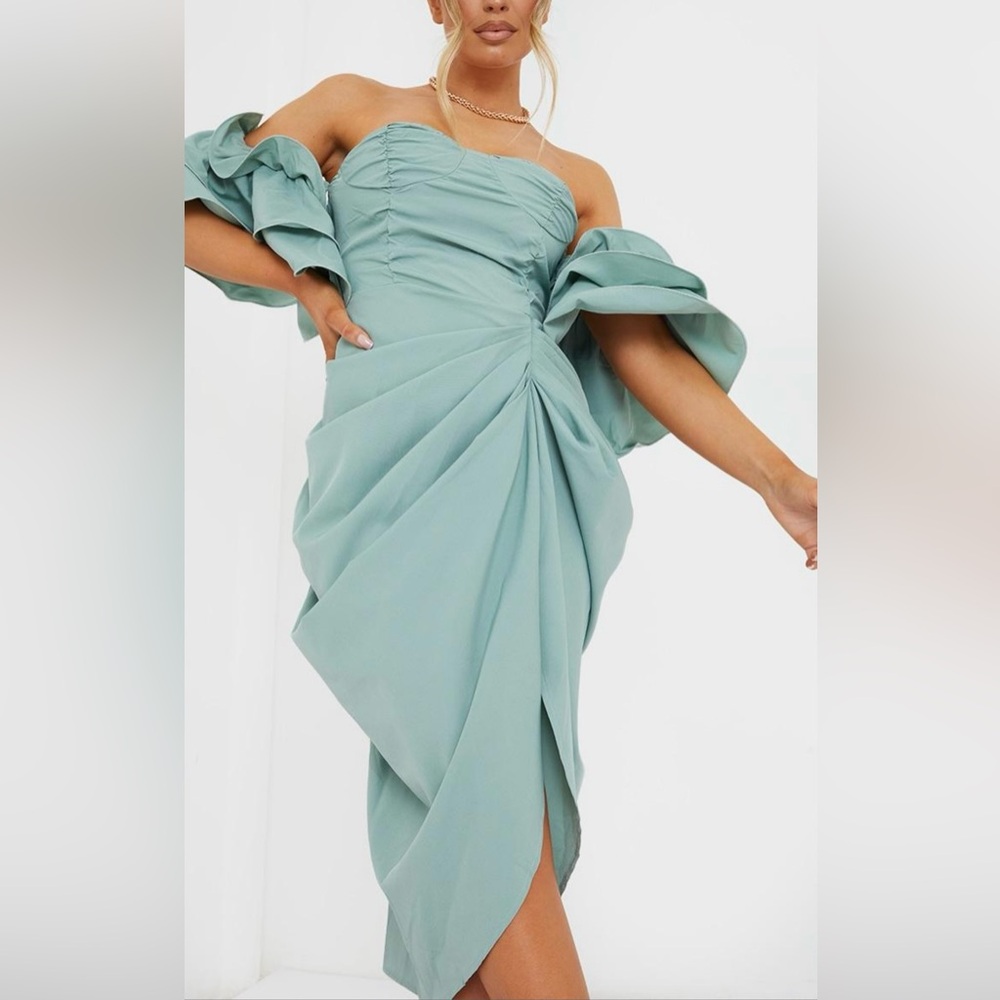 Pretty little thing sage green bardot frill sleeve draped midi dress
